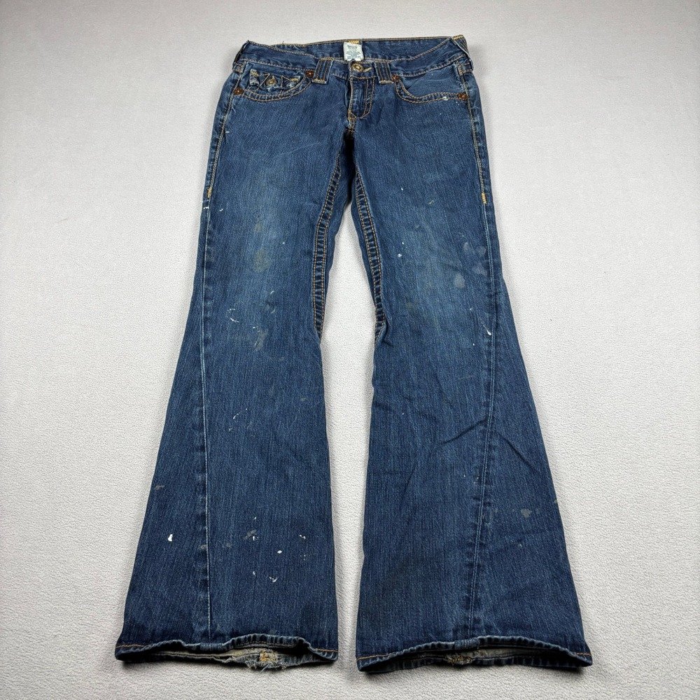 True Religion Joey Mens Flare Jeans Size 31 Blue Denim Twisted Seam Paint